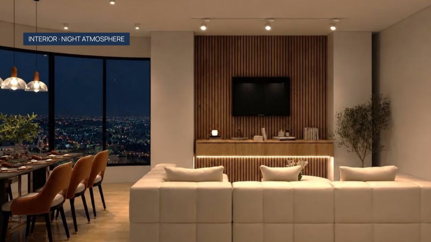 Gece atmosferi — salon ve şehir manzarası